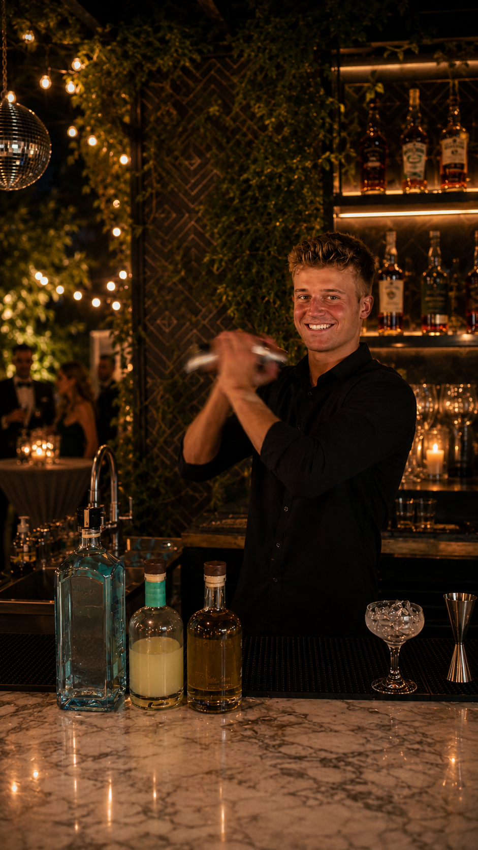 Bartender shaking cocktails at a wedding