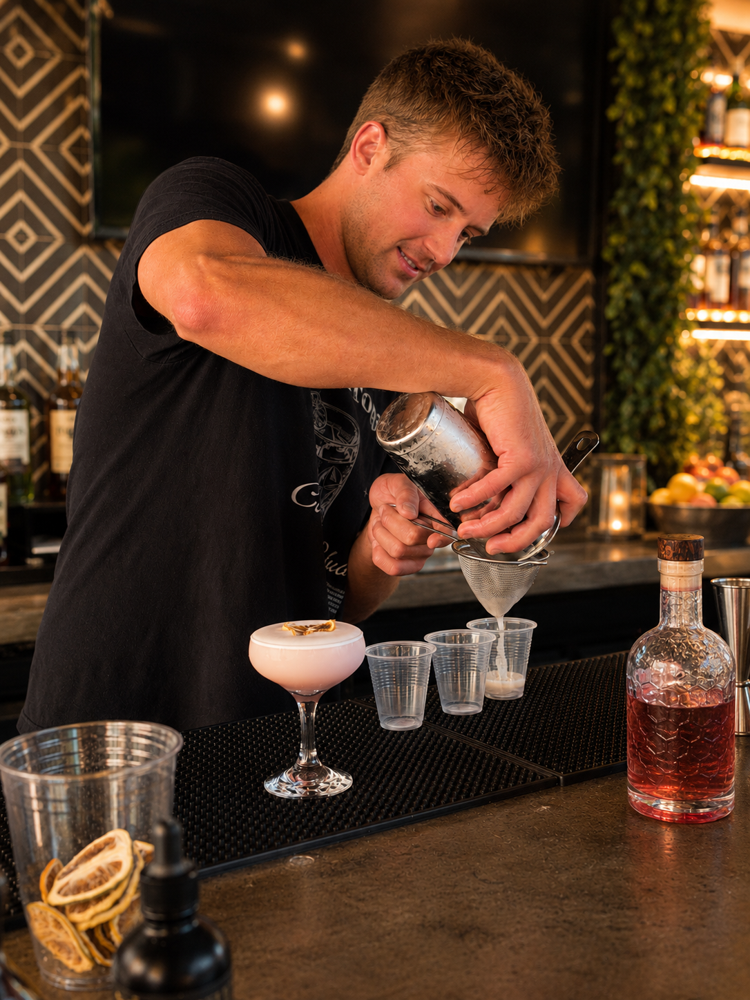 Bartender pouring a Clover Club cocktail