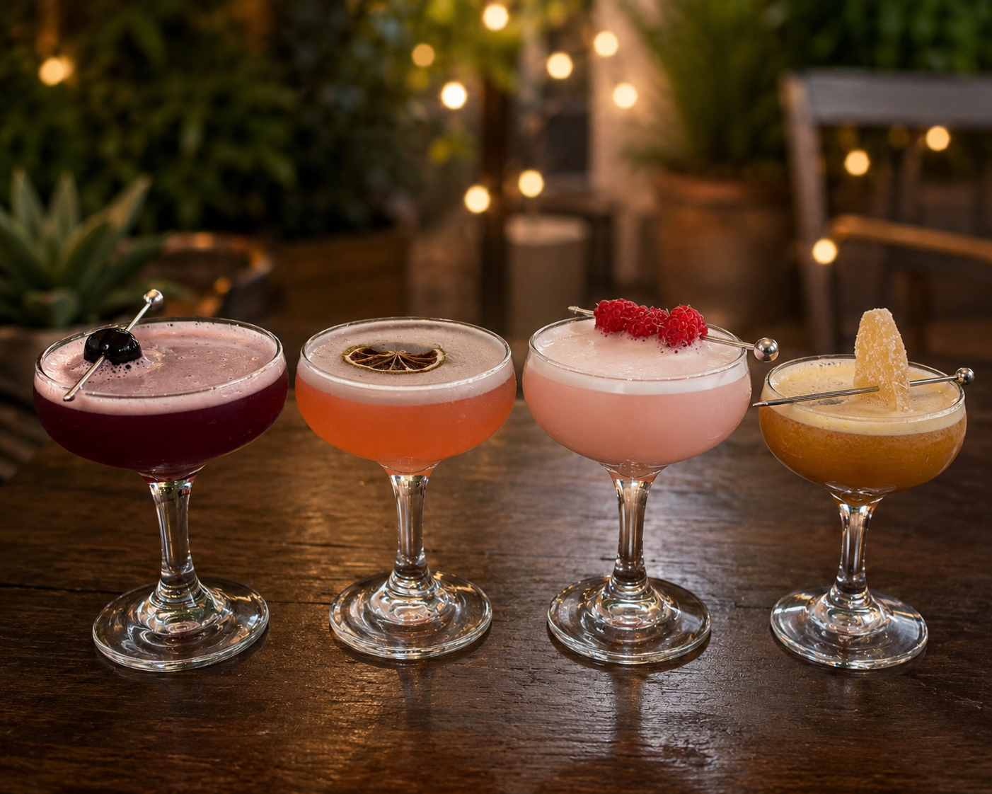 Four garnished coupe cocktails on a wooden bar under string lights